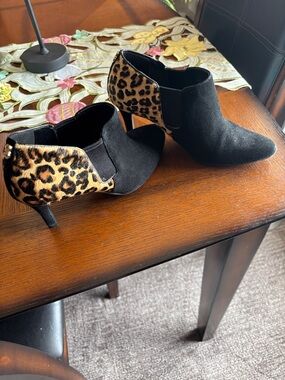 Cole Haan Black Suede Ankle Booties with Leopard Heel Panel